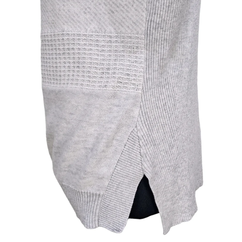 OST Cotton Pointelle Knit Gray White Short Sleeve Split Hem Light Boho Sweater
